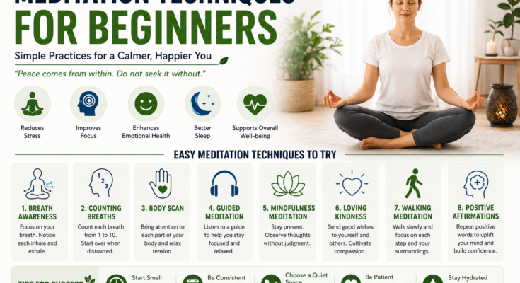 Meditation Techniques for Beginners ## Introduction When I first heard about meditation, I believed it was something only experienced yoga teachers or spiritual people practiced. I thought it would be difficult to sit quietly for a long time without getting distracted. Because my daily routine was always busy, I never imagined meditation could become part of my life. Eventually I decided to give it a try, and that simple decision completely changed the way I looked at mental health and relaxation. The first few sessions were not perfect. My mind wandered constantly, and I found it difficult to stay focused. Instead of giving up, I kept practicing for a few minutes every day. Slowly I noticed positive changes. I felt calmer during stressful situations, my concentration improved, and I became more patient in my daily life. In this article, I want to share the meditation techniques that helped me as a beginner. These methods are simple, practical, and suitable for anyone who wants to experience the benefits of meditation without making it complicated. ## Why I Started Meditating Like many people, I often felt overwhelmed by work, personal responsibilities, and constant notifications from my phone. My mind always seemed busy, even when I wanted to relax. I wanted a healthy habit that could help me slow down and enjoy the present moment. Meditation became that habit. What surprised me most was that I did not need expensive equipment or a special place. All I needed was a few quiet minutes and the willingness to practice consistently. ## Benefits I Have Experienced After practicing meditation regularly, I noticed many positive changes. I became better at managing stress. My focus improved while working and studying. I felt calmer during challenging situations. I slept more peacefully at night. I also became more aware of my thoughts instead of reacting to every emotion immediately. These improvements happened gradually, but they encouraged me to continue practicing every day. ## Finding a Quiet Space One of the first things I learned was the importance of choosing a peaceful environment. I usually sit in a quiet corner of my home where I am less likely to be interrupted. The room does not need to be completely silent. The goal is simply to find a place where I can relax and focus without unnecessary distractions. ## Sitting Comfortably Many beginners believe meditation requires sitting in a complicated position. From my experience, comfort is much more important. Sometimes I sit on a chair with both feet on the floor. Other times I sit on a cushion with my legs crossed. The most important thing is keeping my back straight while remaining relaxed. ## Focusing on the Breath Breathing meditation was the first technique I practiced. I close my eyes and pay attention to each breath. I notice the feeling of air entering and leaving my body. Whenever my thoughts begin to wander, I gently return my attention to my breathing. This simple practice has become one of the most effective ways for me to calm my mind. ## Counting Breaths Another technique that helped me as a beginner was counting each breath. I slowly count from one to ten while breathing naturally. After reaching ten, I begin again from one. If I lose count because my mind starts wandering, I simply start over without becoming frustrated. This method improves concentration while keeping the mind engaged. ## Body Scan Meditation Body scan meditation helped me become more aware of physical tension. I slowly focus on different parts of my body, beginning with my feet and gradually moving upward toward my head. Whenever I notice tight muscles, I consciously relax them. This technique leaves me feeling refreshed after every session. ## Guided Meditation When I first started meditating, guided meditation made the process much easier. Listening to a calm voice helped me stay focused instead of becoming distracted by random thoughts. As I gained more experience, I became comfortable practicing without guidance, but guided sessions remain one of my favorite options. ## Mindfulness Meditation Mindfulness meditation teaches me to pay attention to the present moment. Instead of worrying about the future or thinking about the past, I focus on what is happening right now. I notice my breathing, physical sensations, sounds around me, and my thoughts without judging them. This practice has helped me become more patient and less reactive during stressful situations. ## Loving Kindness Meditation This technique was very different from what I expected. During loving kindness meditation, I quietly repeat positive wishes for myself and other people. I wish happiness, peace, good health, and kindness for those around me. Practicing this meditation has helped me develop greater compassion and understanding. ## Walking Meditation Meditation does not always require sitting still. Sometimes I practice walking meditation. I walk slowly while paying attention to every step. I notice how my feet touch the ground and how my body moves naturally. This method feels especially enjoyable when practiced outdoors. ## Using Positive Affirmations Occasionally I include simple positive affirmations during meditation. I quietly repeat phrases such as I am calm, I am grateful, or I am improving every day. These affirmations help create a positive mindset while encouraging self confidence. ## Creating a Daily Routine The biggest lesson I learned was the importance of consistency. Instead of meditating for an hour once a week, I practice for ten to fifteen minutes almost every day. Short daily sessions have been much more effective than occasional long sessions. Meditation has become as natural as brushing my teeth every morning. ## Common Challenges for Beginners Almost everyone experiences distractions while meditating. I certainly did. At first I believed my mind should become completely empty. Later I realized that thoughts naturally appear. The goal is not to stop thinking. The goal is to gently return attention to the present whenever the mind wanders. Another challenge is expecting immediate results. Meditation works gradually, and patience is an important part of the process. ## Healthy Habits That Support Meditation Meditation works even better when combined with other healthy habits. Regular exercise helps me feel more relaxed before meditation. Eating balanced meals provides steady energy. Drinking enough water supports overall health. Getting enough sleep also improves my ability to concentrate during meditation sessions. All of these habits work together to support both physical and mental well being. ## Staying Motivated There are days when I do not feel like meditating. Whenever that happens, I remind myself how much better I feel afterward. I also avoid putting pressure on myself to have a perfect session. Some days my mind feels calm. Other days it feels busy. Both experiences are completely normal. The important thing is continuing the practice without judging myself. ## Lessons I Have Learned Meditation has taught me many valuable lessons. I have learned to slow down instead of constantly rushing through life. I have become more patient with myself and with others. I have realized that peace does not come from controlling everything around me. Instead, it comes from learning how to respond calmly to whatever life brings. These lessons have improved not only my mental health but also my relationships and daily happiness. ## Conclusion In my opinion, meditation is one of the simplest and most valuable habits anyone can develop. It does not require expensive equipment, special skills, or a large amount of time. Simple techniques such as breathing meditation, counting breaths, body scan meditation, mindfulness, loving kindness meditation, guided meditation, and walking meditation can all help beginners build a consistent practice. The most important lesson I have learned is that meditation is not about becoming perfect. It is about becoming more aware of the present moment and treating ourselves with patience and kindness. With regular practice, meditation can improve focus, reduce stress, encourage emotional balance, and create a greater sense of peace in everyday life. Starting with just a few minutes each day can lead to meaningful improvements that continue to grow over time.