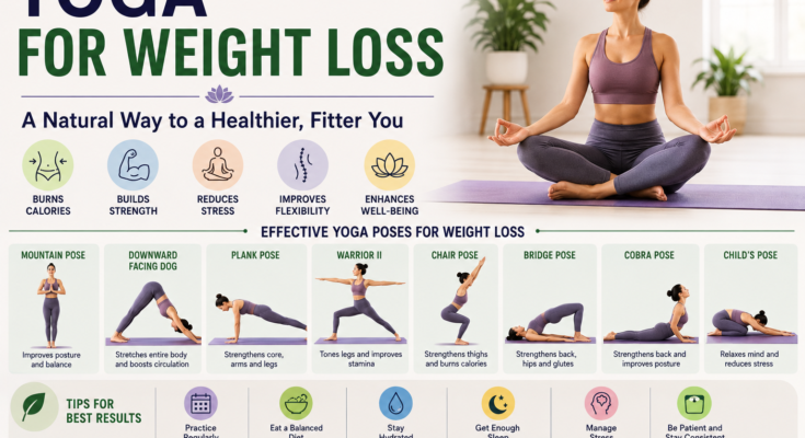 # Yoga for Weight Loss ## Introduction When I first decided to lose weight, my attention was completely focused on intense workouts and strict diet plans. I believed that the harder I exercised, the faster I would achieve my goals. While those methods helped for a short time, I often felt exhausted and found it difficult to stay consistent. Eventually I started looking for a healthier and more sustainable approach. That is when I discovered yoga. At first, I honestly doubted whether yoga could support weight loss. The movements looked slow compared to running or high intensity workouts. After practicing regularly for a few weeks, my opinion completely changed. I realized that yoga is much more than stretching. It improves flexibility, builds strength, reduces stress, and encourages mindful eating. All of these factors play an important role in maintaining a healthy body weight. In this article, I want to share my personal thoughts about yoga for weight loss and explain why it has become one of the most valuable parts of my daily routine. ## Why I Chose Yoga One of the biggest reasons I enjoy yoga is that it does not require expensive equipment or a gym membership. I only need a comfortable space, a yoga mat, and a little time each day. Yoga also feels suitable for people of different fitness levels. Whether someone is a beginner or has years of experience, there are poses that match their ability. Unlike workouts that leave me feeling completely exhausted, yoga helps me feel refreshed while still giving my body a meaningful challenge. ## Can Yoga Help With Weight Loss In my opinion, yoga supports weight loss when combined with healthy eating and an active lifestyle. Yoga burns calories, especially during longer or more active sessions. It also strengthens muscles, improves posture, and increases flexibility. Perhaps the greatest benefit I have experienced is stress reduction. Whenever I feel stressed, I am more likely to eat unhealthy snacks. Regular yoga helps me stay calm and make better food choices. Because of this, yoga supports healthy habits that naturally contribute to weight management. ## Benefits of Yoga Beyond Weight Loss After practicing consistently, I noticed several improvements that had nothing to do with the number on the scale. My flexibility improved significantly. I became more aware of my posture while sitting and walking. I felt less stiffness after spending long hours working on my computer. My sleep quality also improved, allowing me to wake up feeling more refreshed. These benefits motivated me to continue practicing even on busy days. ## Preparing Before Practice Before beginning my yoga session, I choose a quiet place where I can move comfortably. I wear loose clothing that allows easy movement. I also keep a bottle of water nearby, although I usually drink most of my water before and after the session instead of during practice. Taking a few slow breaths before starting helps me relax and focus completely on the workout. ## Mountain Pose Mountain Pose looks simple, but it teaches proper posture and balance. Standing tall with relaxed shoulders helps me become more aware of my body. This pose prepares me for the rest of my yoga practice. ## Downward Facing Dog This is one of my favorite yoga poses. It stretches the back, shoulders, hamstrings, and calves while strengthening the arms. Whenever I hold this position, I feel my entire body becoming more flexible. It also helps improve blood circulation. ## Plank Pose Plank Pose is more challenging than it appears. Holding the position strengthens my core, shoulders, arms, and legs. I started by holding it for twenty seconds before gradually increasing the time. A stronger core supports better balance and overall fitness. ## Warrior One Warrior One builds strength in the legs while improving balance. I enjoy this pose because it makes me feel both stable and confident. It also stretches the hips and strengthens the lower body. ## Warrior Two Warrior Two challenges my endurance while improving flexibility. Holding the pose requires concentration and control. It strengthens the thighs, shoulders, and core at the same time. ## Chair Pose Chair Pose quickly became one of the most challenging exercises in my routine. Although there is no actual chair, holding the sitting position works the legs and glutes intensely. It also strengthens the core while increasing muscular endurance. ## Bridge Pose Bridge Pose strengthens the hips, lower back, and glutes. It also stretches the chest and helps improve posture. Whenever I spend many hours sitting during the day, this pose feels especially beneficial. ## Cobra Pose Cobra Pose gently stretches the front of the body while strengthening the back. I enjoy including it near the end of my routine because it helps release tension after other poses. ## Child's Pose Child's Pose is one of the most relaxing parts of yoga. Although it is considered a resting position, it provides a gentle stretch for the back and hips. I often remain in this pose for several deep breaths before finishing my practice. ## My Daily Yoga Routine My usual yoga session begins with five minutes of gentle stretching. I then move through Mountain Pose, Downward Facing Dog, Plank Pose, Warrior One, Warrior Two, Chair Pose, Bridge Pose, Cobra Pose, and Child's Pose. I hold each position while breathing slowly and focusing on proper technique. The complete routine usually lasts between twenty five and thirty five minutes. I practice at least five days each week. ## Healthy Eating Along With Yoga I have learned that yoga alone cannot produce lasting weight loss without healthy eating habits. I try to include lean protein, vegetables, fruits, whole grains, and healthy fats in my daily meals. Instead of following extreme diets, I focus on balanced nutrition. Yoga has also helped me become more mindful while eating. I pay closer attention to hunger and fullness instead of eating out of boredom. ## Staying Hydrated Drinking enough water is another habit that supports both yoga and overall health. I usually begin my morning with a glass of water and continue drinking throughout the day. Proper hydration helps my body recover after exercise and supports normal body functions. ## Common Mistakes Beginners Should Avoid One mistake I made was trying advanced poses too quickly. I eventually realized that mastering the basics creates a stronger foundation. Another mistake is comparing progress with other people. Every body is different, and flexibility develops at its own pace. Holding my breath during poses was another habit I corrected. Slow, controlled breathing is one of the most important parts of yoga. Skipping rest days can also reduce enjoyment. Listening to my body helps prevent unnecessary discomfort. ## Staying Motivated There are days when I do not feel motivated to exercise. On those days, I remind myself that even a short yoga session is better than doing nothing. Sometimes I practice with relaxing music, which makes the experience even more enjoyable. Keeping a simple journal of my progress also encourages me because I can see improvements in flexibility and balance over time. The focus is not on perfection. The focus is on building a healthy routine that lasts. ## Conclusion In my opinion, yoga is one of the most enjoyable and sustainable ways to support weight loss and improve overall health. While it may not burn as many calories as some high intensity workouts, it offers many other benefits that contribute to a healthier lifestyle. Regular yoga strengthens muscles, improves flexibility, reduces stress, supports mindful eating, and encourages consistency. Combined with balanced nutrition, proper hydration, and regular physical activity, yoga becomes a valuable tool for reaching long term health goals. The most important lesson I have learned is that successful weight loss is not about choosing the hardest workout. It is about finding an activity that I genuinely enjoy and can continue for years. For me, yoga has become that activity, and it continues to improve both my physical health and my overall well being every single day.